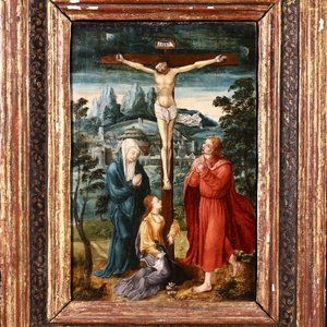 16th CENTURY FINE FLEMISH OLD MASTER OIL ON PANEL - THE CRUCIFIXION
